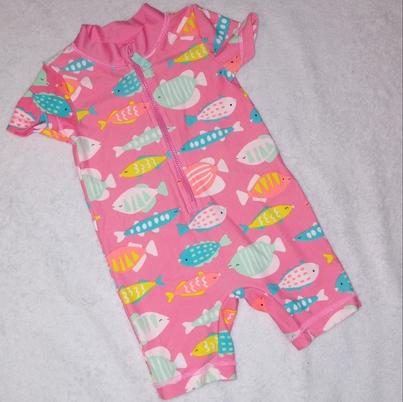 Carter's Other - Carter's Pink Shortsleeve Fish Print 1/2 Zip Rashgaurd Swim Suit sz 6M